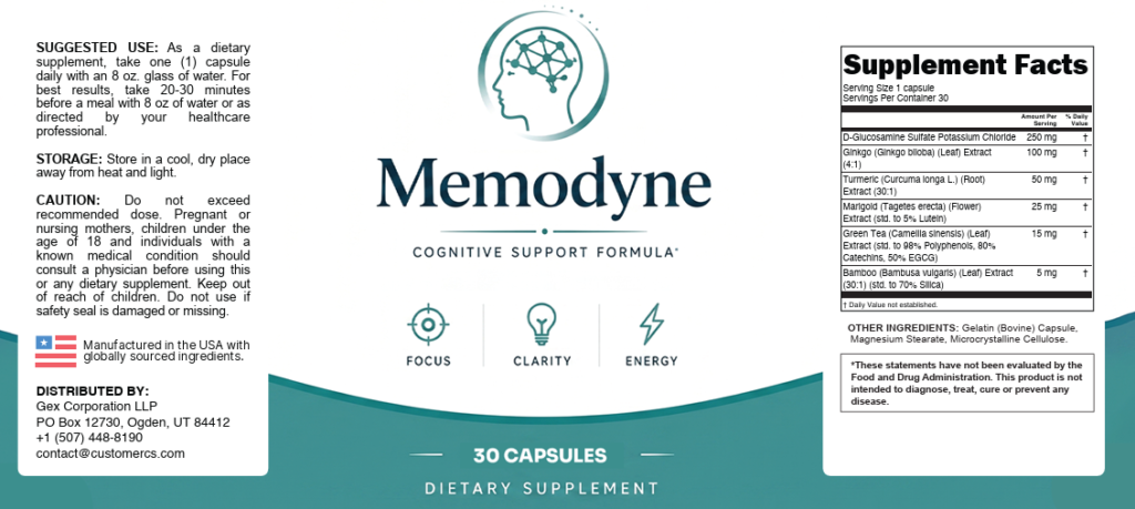 Official Memodyne Supplement Facts label